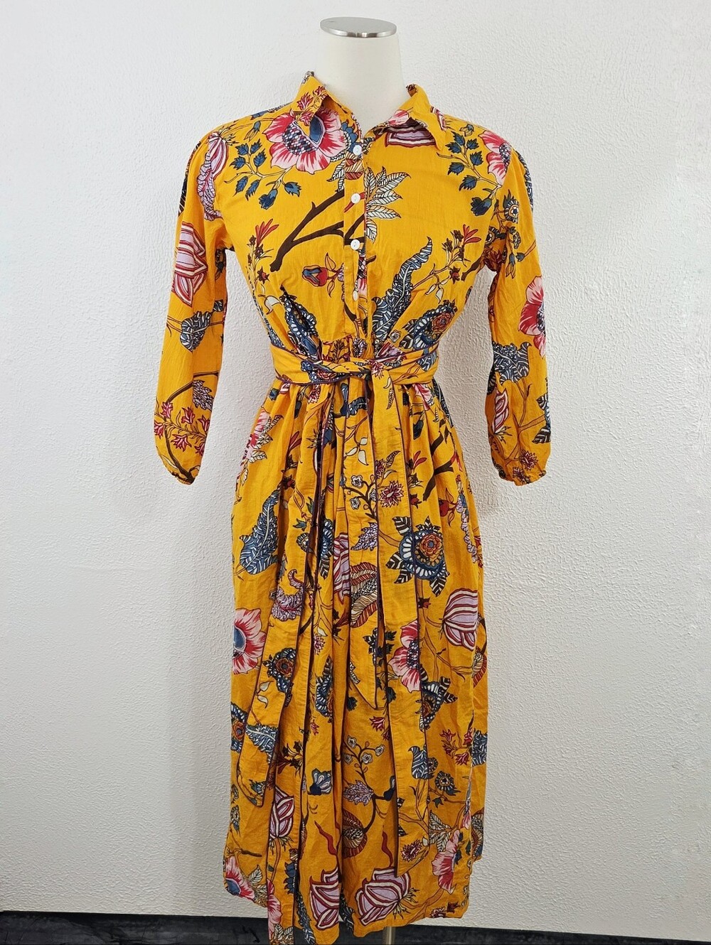 Farylina maple midi dress mustard yellow floral boho cotton women's small